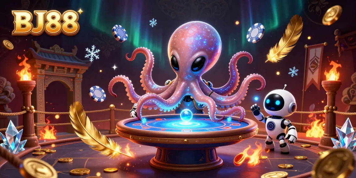 Join the cosmic fun at BJ88, featuring an alien octopus and a robot at a vibrant holographic poker table.
