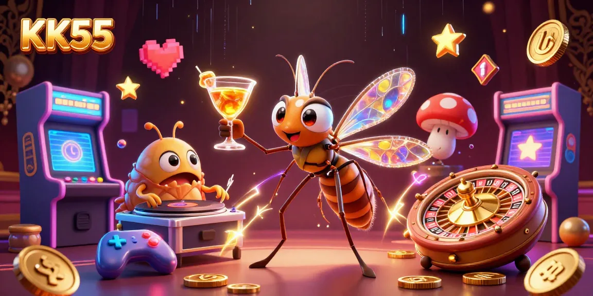 Experience the excitement of KK55 with a lively 3D casino scene featuring unique characters.