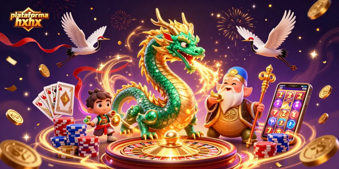 Imagem colorida de jogos de cassino na plataforma hxhx com dragão e elementos mágicos.