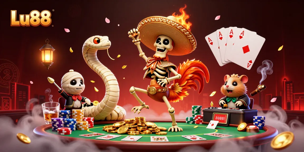 Lu88 players celebrate wins with poker chips and cards in vibrant casino scene.