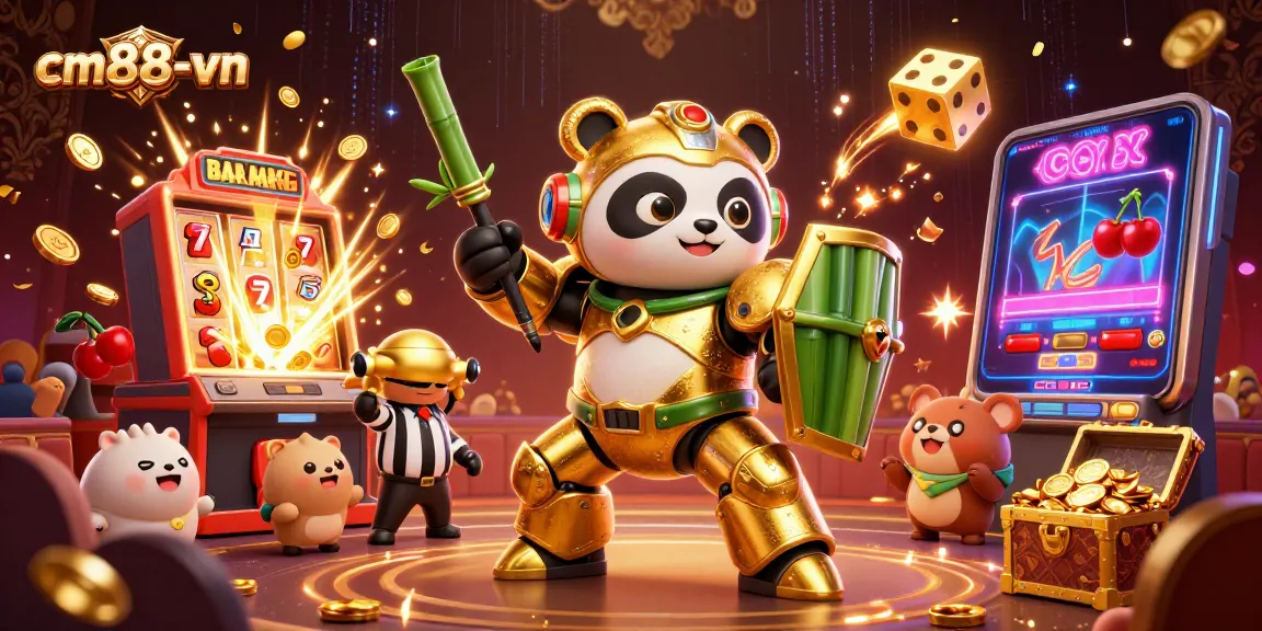 Engage in thrilling gameplay at cm88-vn with a mech-suit panda in a vibrant casino atmosphere.