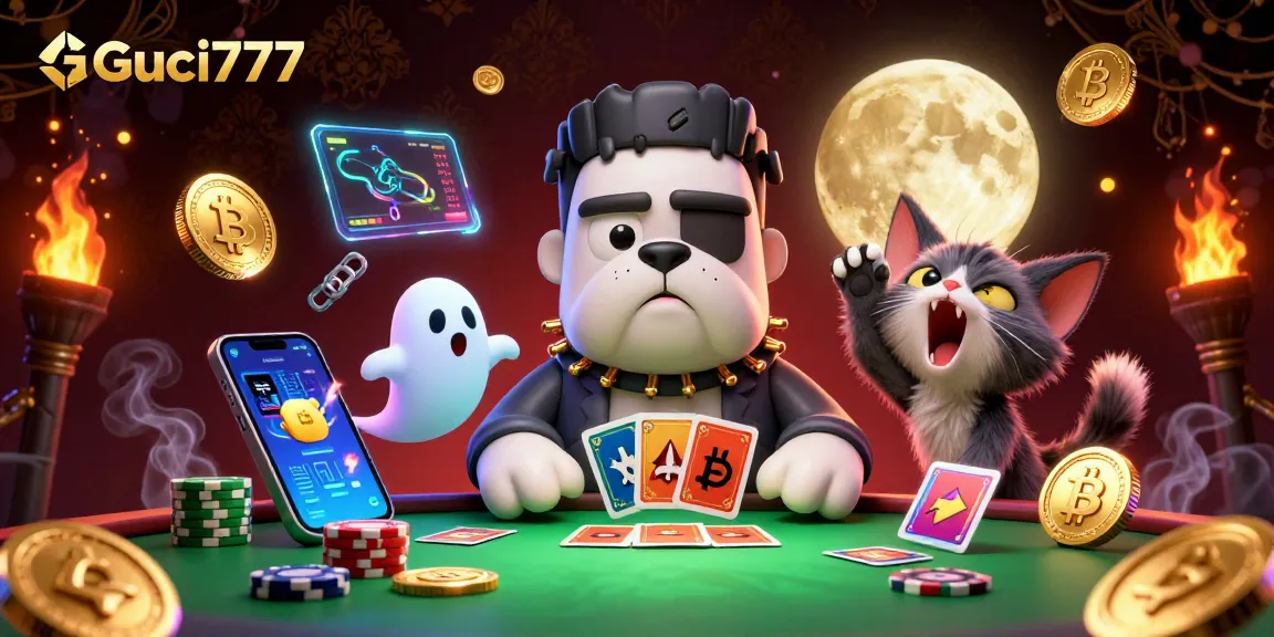 Guci777 memikat dengan bulldog Frankenstein bermain kartu bersama karakter unik di kasino.