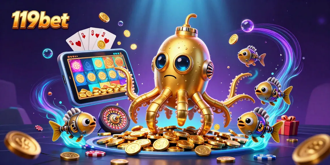 Spin the reels at 119bet with colorful slot games amidst a treasure of golden coins.
