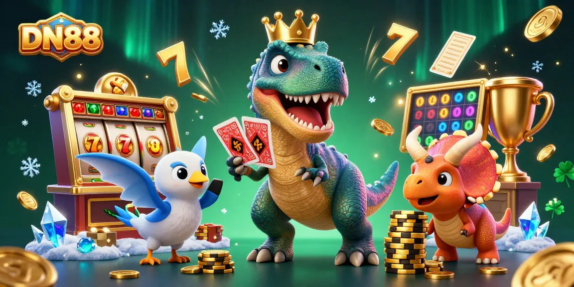 Win big at DN88 with cartoon dinosaurs in a casino setting, blending gaming excitement and charm.