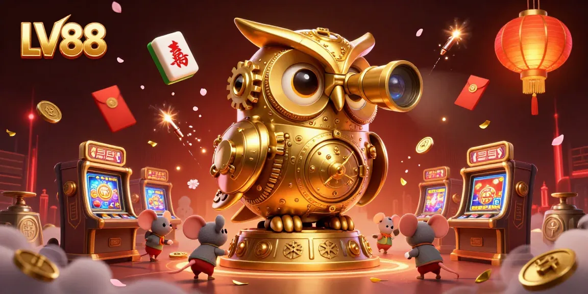 Experience the thrilling world of LV88 with a vibrant 3D illustration showcasing a golden owl, symbolizing luck, surrounded by dynamic casino elements.
