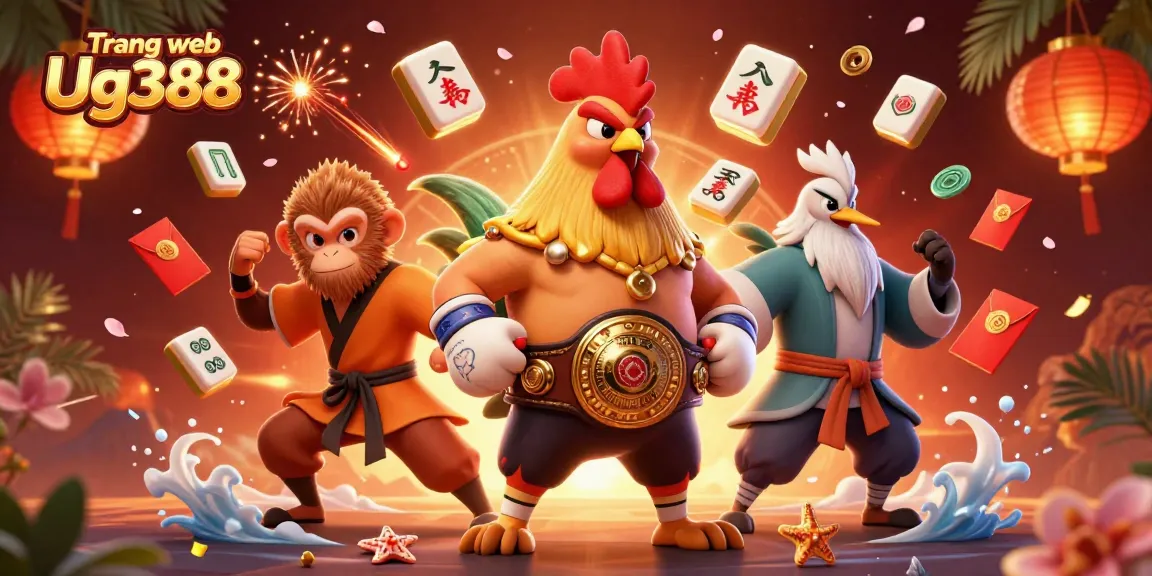 Experience the excitement of Trang web Ug388 with a vibrant scene featuring martial artists and festive casino elements.