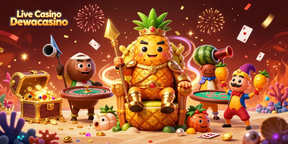 Experience the excitement of Live Casino Dewacasino with a vibrant 3D illustration of casino games and characters.
