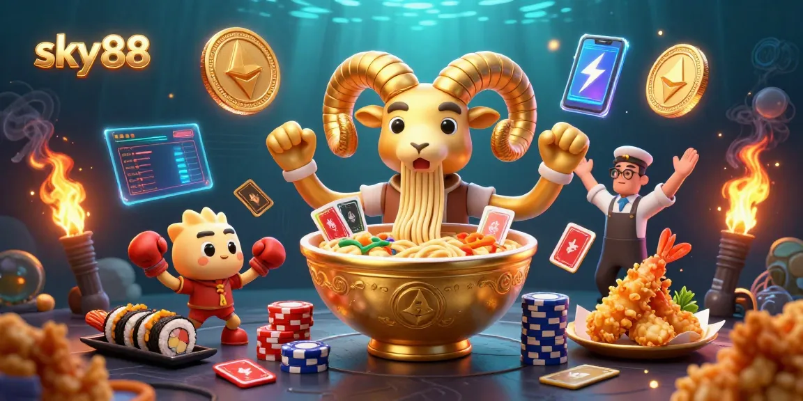 Engage in thrilling games with the lively sky88 characters, including a ramen bowl and sushi dealer amidst glowing gems.