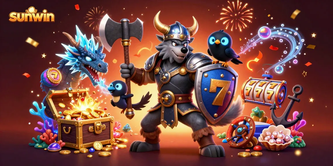 Experience the excitement at sunwin with a Viking warrior, dragon, and treasures in a vibrant casino scene.