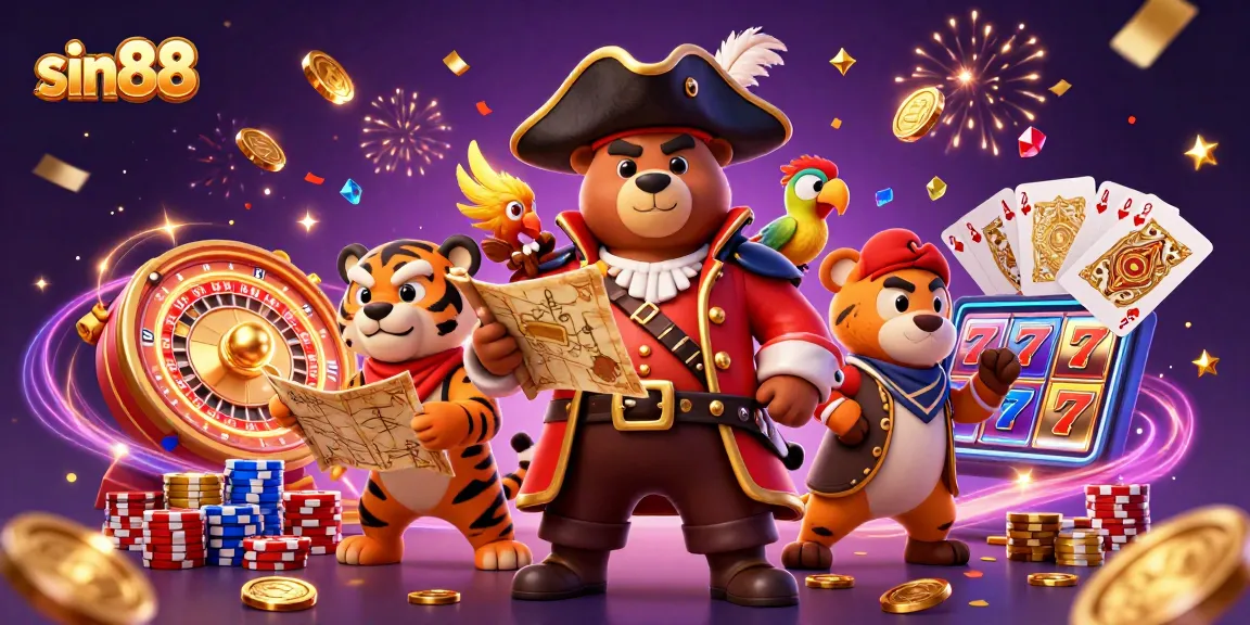 Win big at sin88 with a colorful 3D illustration featuring a pirate captain bear amidst casino excitement.