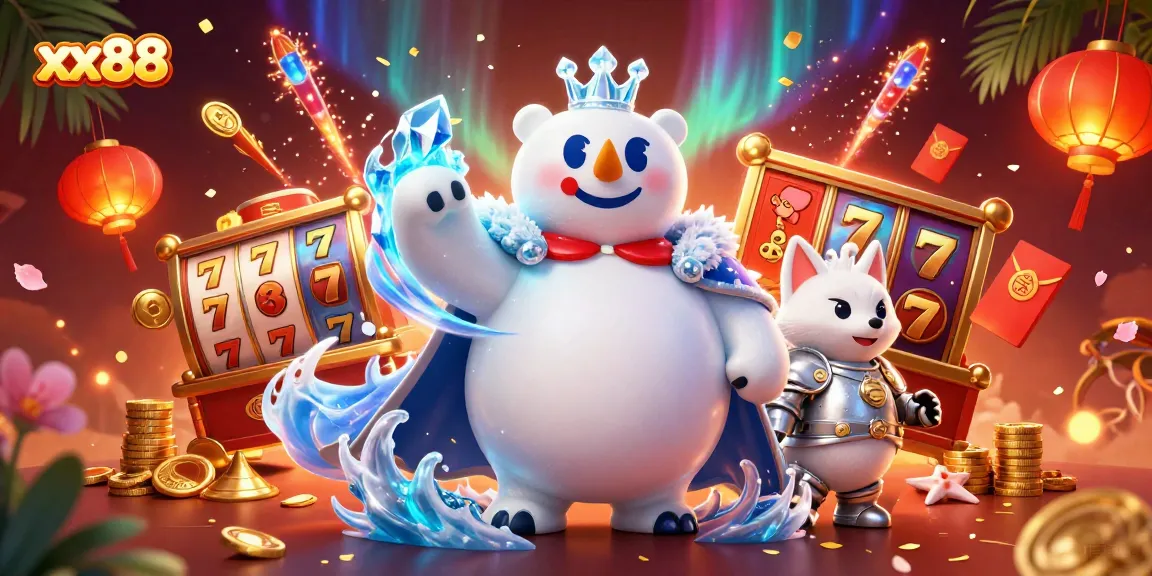 Bet on the best slots with xx88, featuring an engaging scene of a royal polar bear and snow fox amidst festive elements.