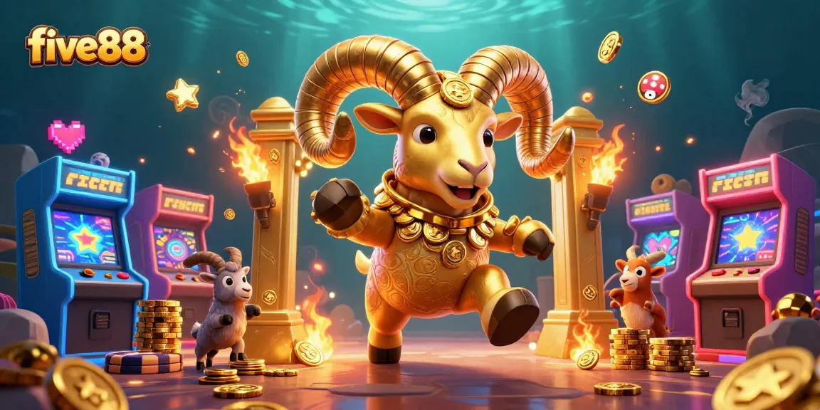 Engage with five88, featuring a golden ram amid dynamic arcade game machines and casino elements.