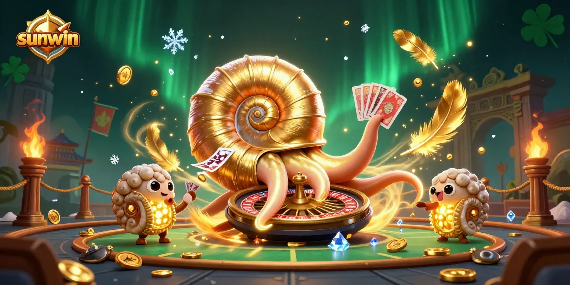 Experience thrilling gameplay at sunwin with a vibrant 3D illustration showcasing a giant nautilus roulette wheel and glowing cards.