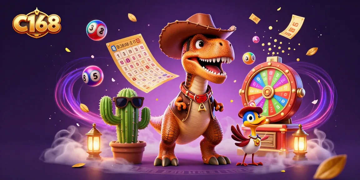 C168 attracts players with vibrant lottery-themed elements and a lively scene featuring a T-Rex and friends.