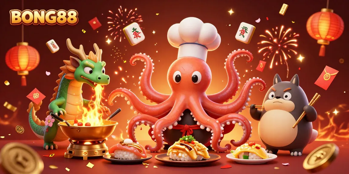 BONG88 players celebrate wins with colorful 3D sushi chef octopus, dragon, and tanuki in a vibrant casino scene.