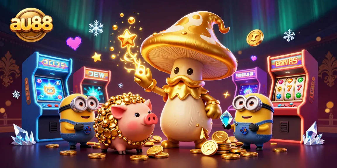 Experience the magic of au88 with a golden mushroom wizard and treasure-hunting pig in an enchanting casino scene.
