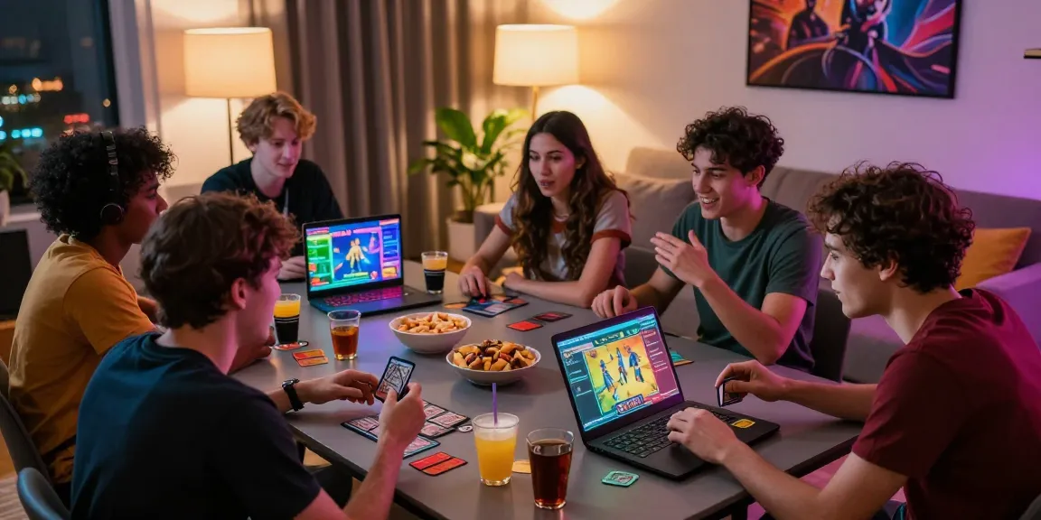 Group of friends enjoying Sunwin games in a cozy home with snacks and colorful screens