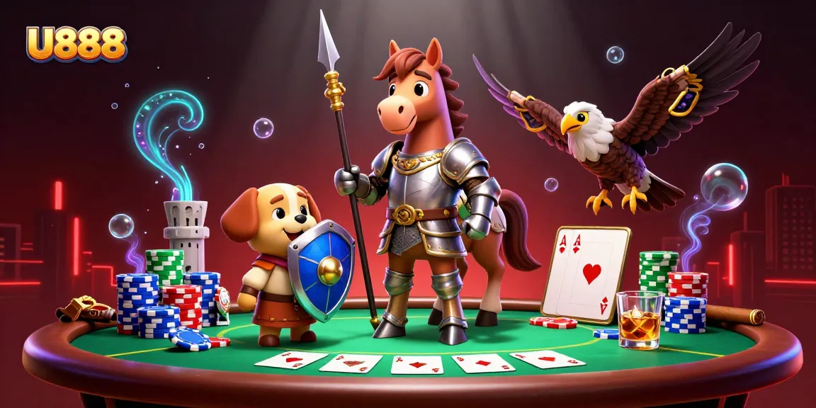U888 players engaging in thrilling poker action at a vibrant casino scene with colorful chips and dynamic challenges.