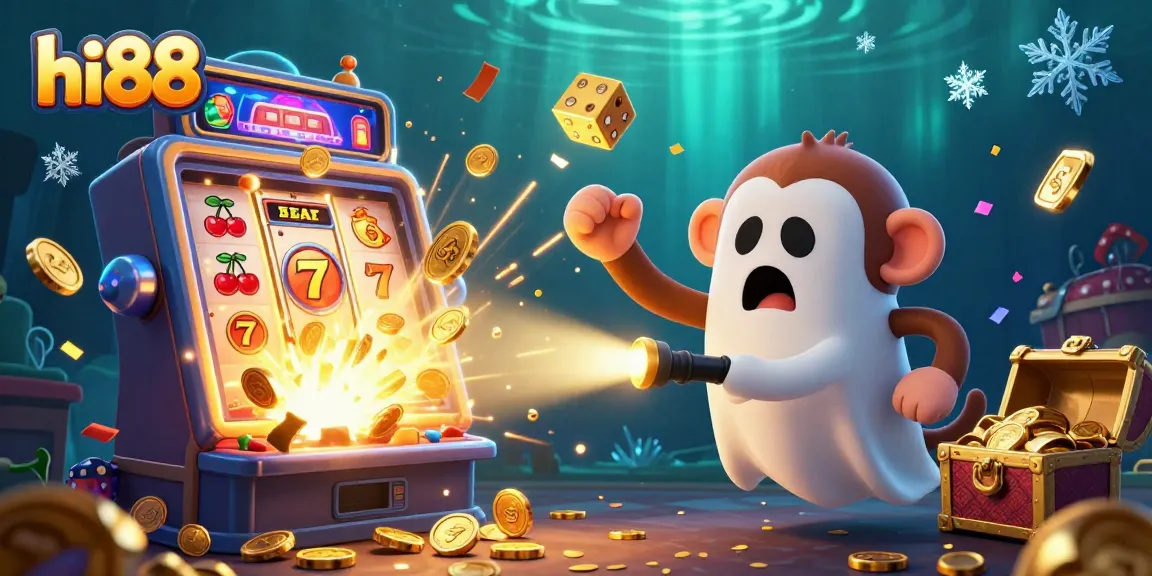 Experience the magic of hi88 with a lively game scene featuring a mischievous monkey and a puppy in a haunted casino.