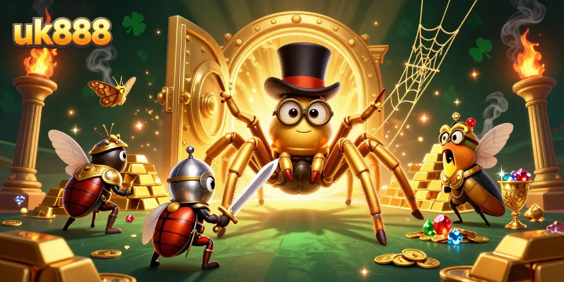 uk888 captivates players with a vibrant 3D illustration of a gold-themed casino adventure.