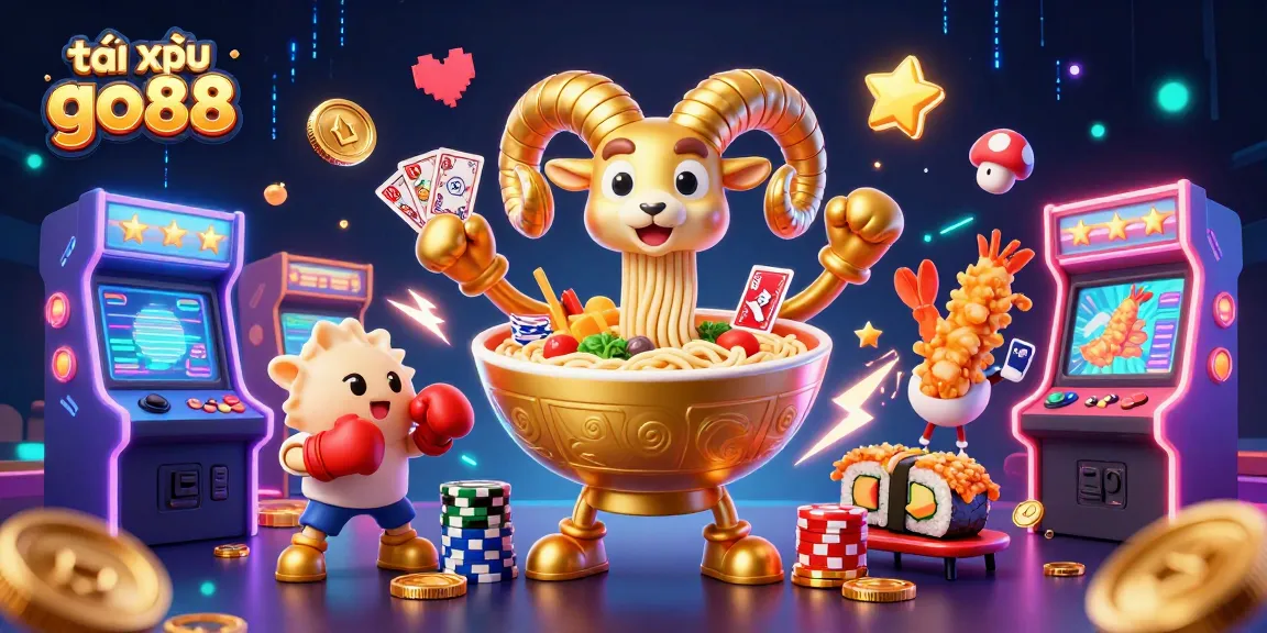 Tài xỉu go88 showcases a vibrant casino scene with animated gourmet characters dealing cards and vibrant game machines.