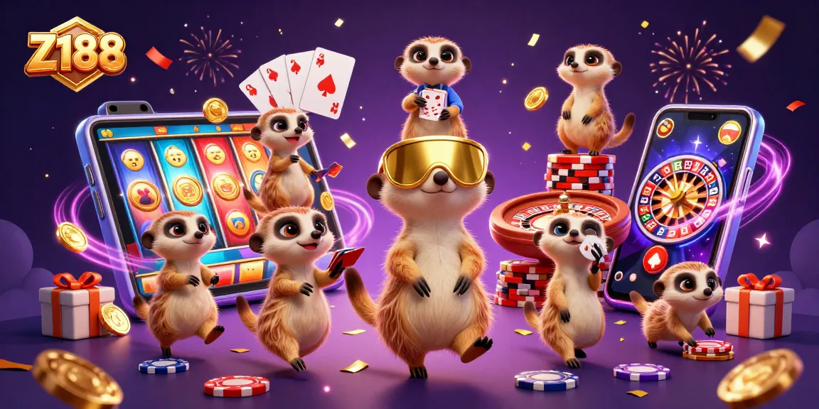 Experience the excitement of Z188 with a playful meerkat casino scene featuring dynamic gaming elements.