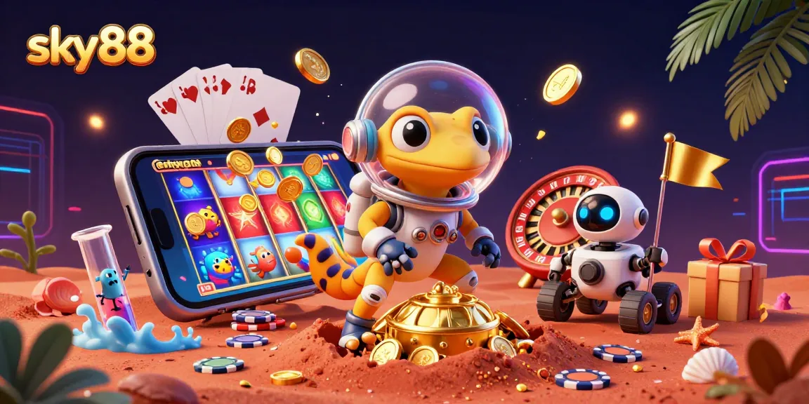 sky88 casino adventure with a Martian gecko, golden treasures, and slot games around