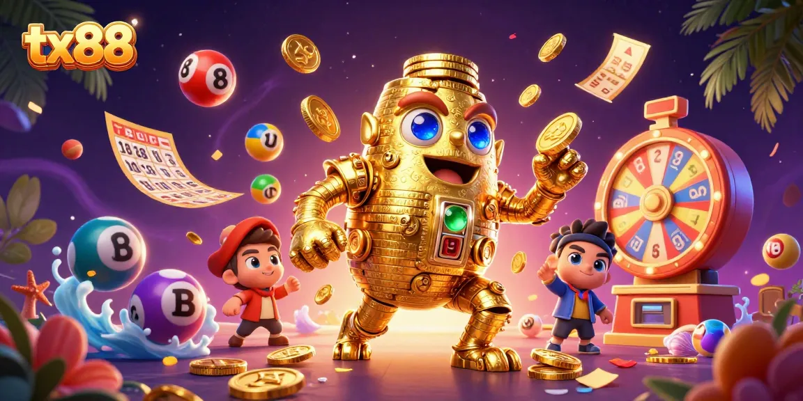 Experience the excitement of winning at tx88 with vibrant lottery elements and a dynamic golden golem.