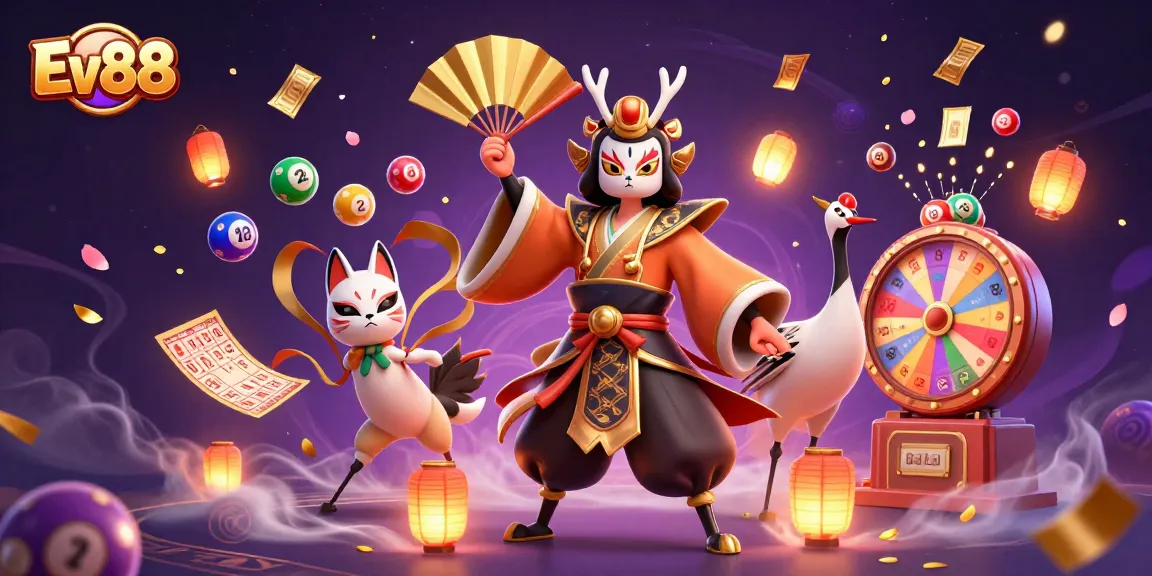 Ev88 showcases an exciting online gambling scene with vibrant lottery balls and dynamic game elements.