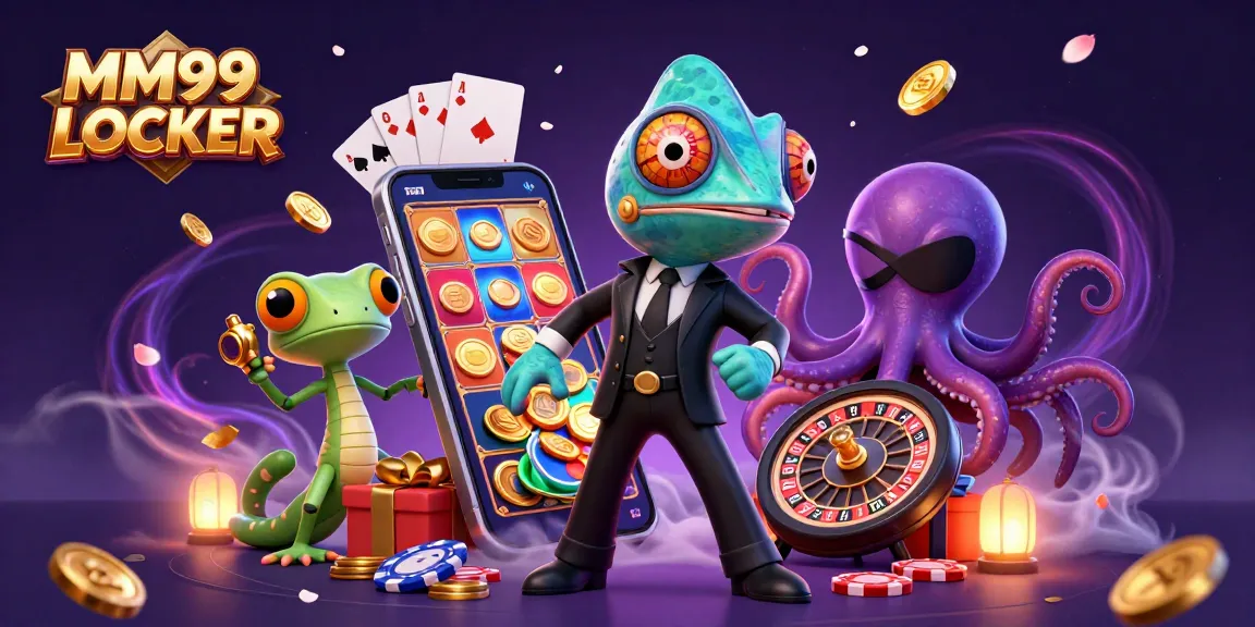 Experience excitement at MM99 LOCKER with vibrant slots, chameleon character, and golden gadgets in a thrilling casino setting.