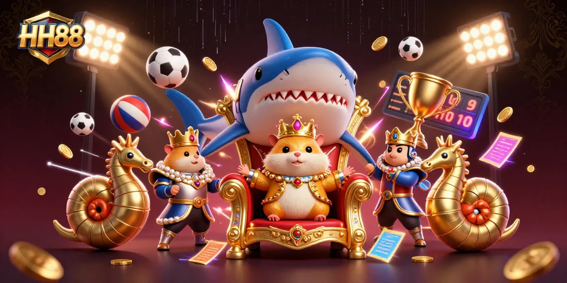 Experience thrilling action at HH88, featuring a charismatic hamster king atop a megalodon throne among dynamic sports elements.