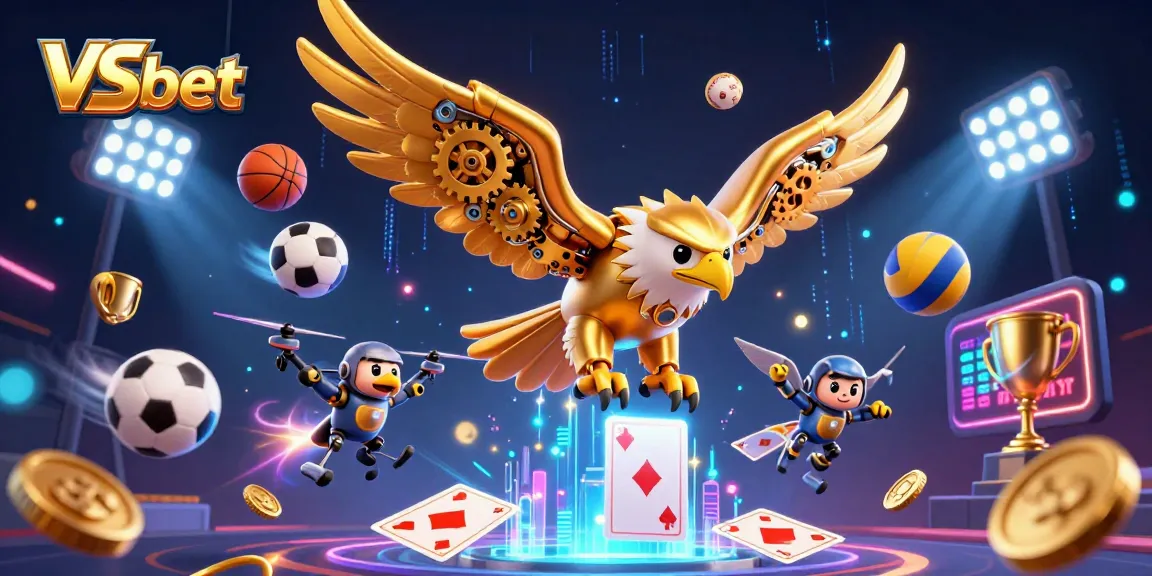 Experience thrilling gaming at VSbet with a dynamic 3D illustration of cybernetic eagles and vibrant sports elements.