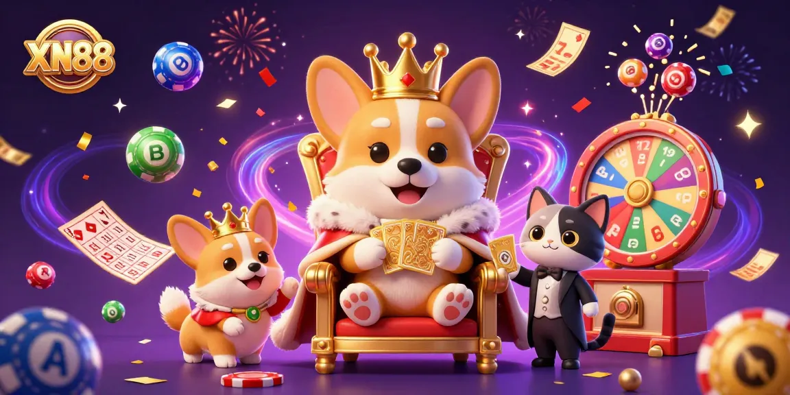 Join the vibrant world of XN88 with colorful lottery balls and a royal corgi in a playful casino scene.