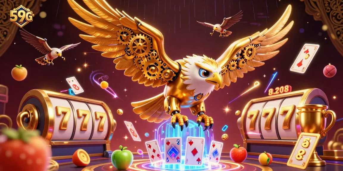 Experience the excitement of 59G with a dynamic 3D casino scene featuring animated slot reels and a golden eagle.