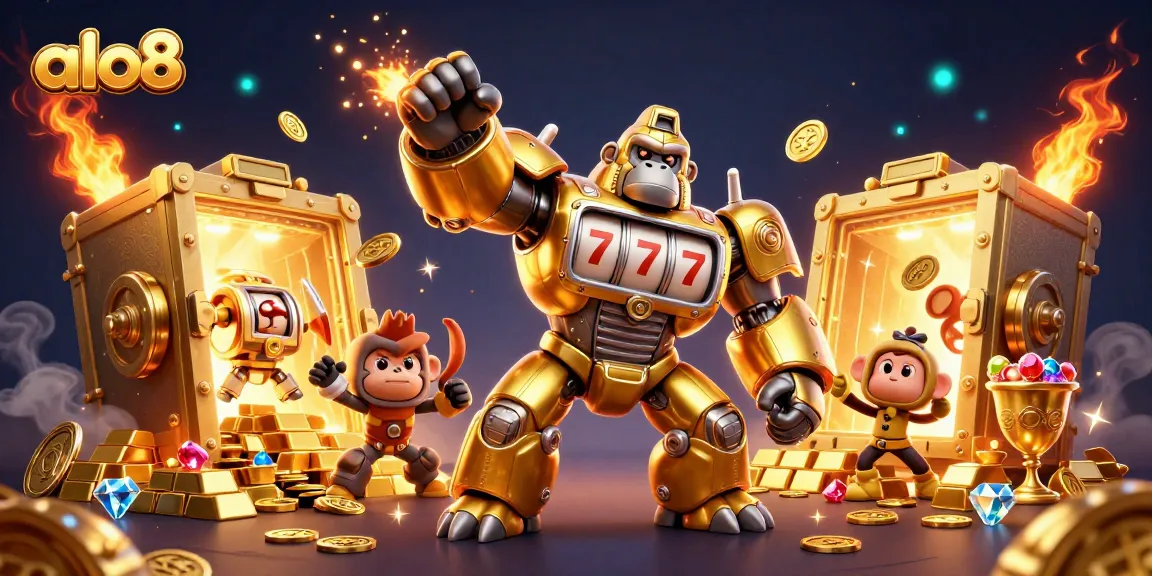 Experience thrilling gameplay at alo8 casino with dynamic golden gorilla mech surrounded by treasures.