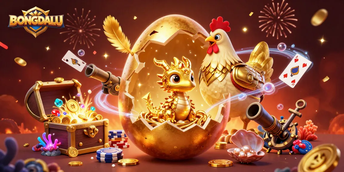 BONGDALU shines as a vibrant casino scene with a golden dragon on poker chips amid sparkling elements, dynamic energy and celebration.