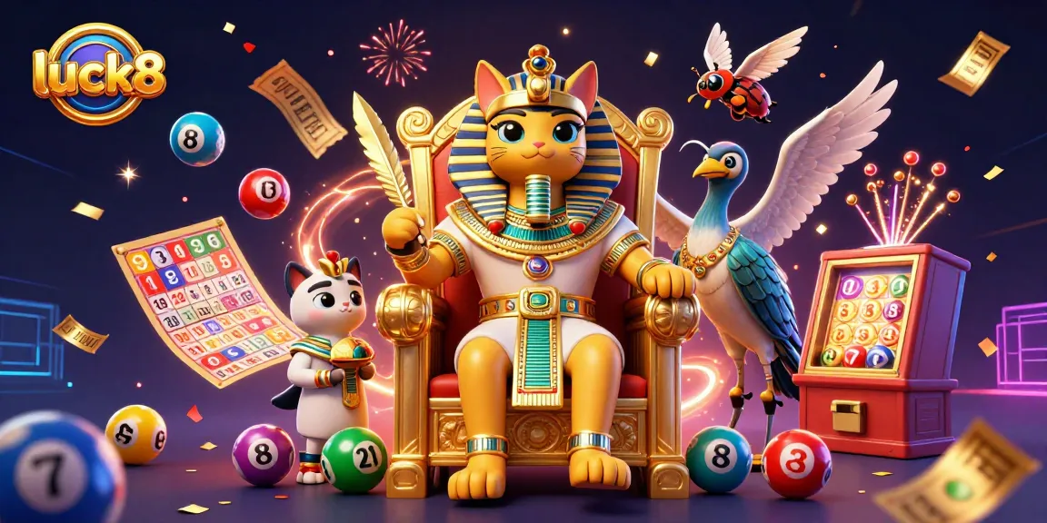 Experience luck8's thrilling gaming world with a vibrant 3D illustration showcasing an Egyptian pharaoh cat and unique lottery elements.