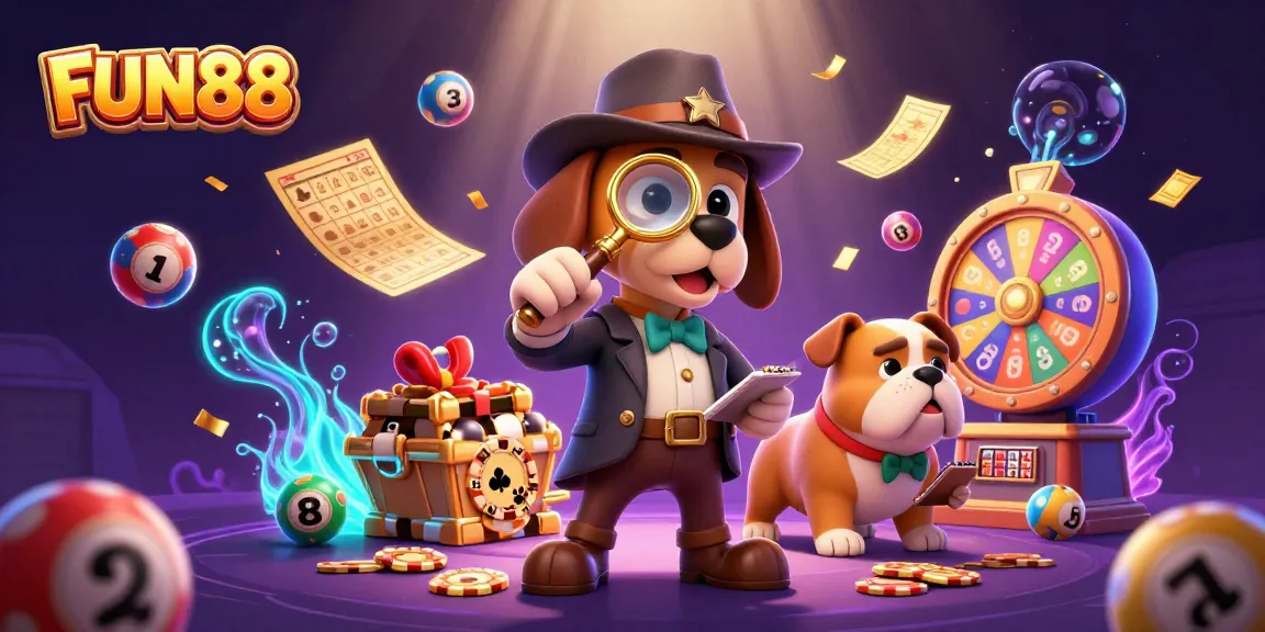Experience FUN88's exciting casino atmosphere with a 3D detective unraveling clues and vibrant gaming elements.
