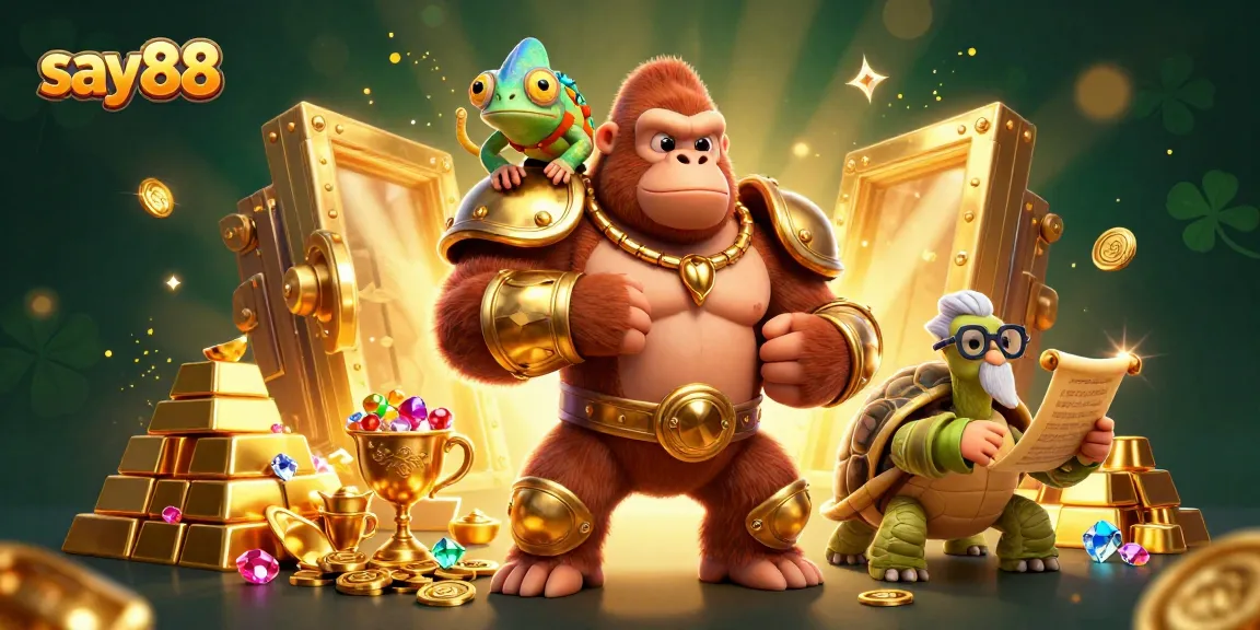 Experience thrilling games at say88 with a cartoon gorilla king and treasure scenes.
