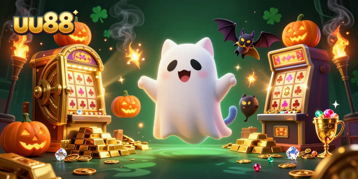 Experience thrilling games at uu88 with a ghost cat and vampire bat in a haunted casino.