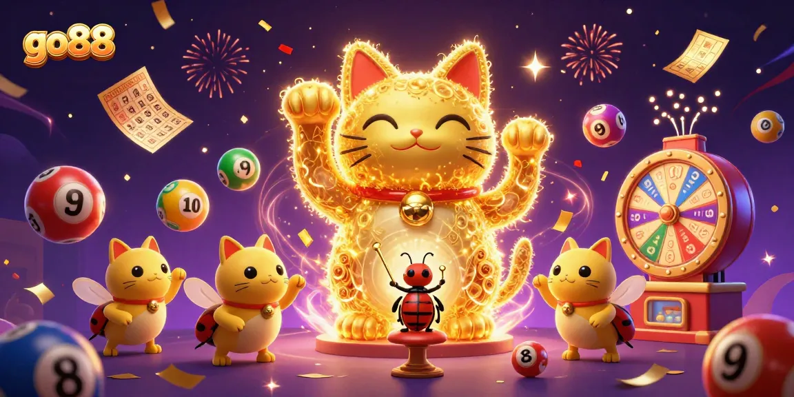 Experience the excitement of go88 as a lucky cat and fireflies cheer with colorful lottery elements.