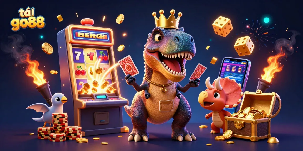 Experience the thrill of gaming as you tải go88 with a vibrant 3D illustration of T-Rex, chips, and jackpot excitement.
