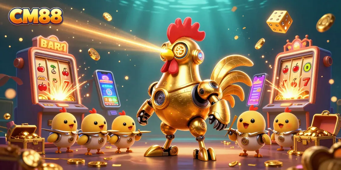 Experience thrilling gameplay with CM88's vibrant casino scene featuring gold coins and slot machines.