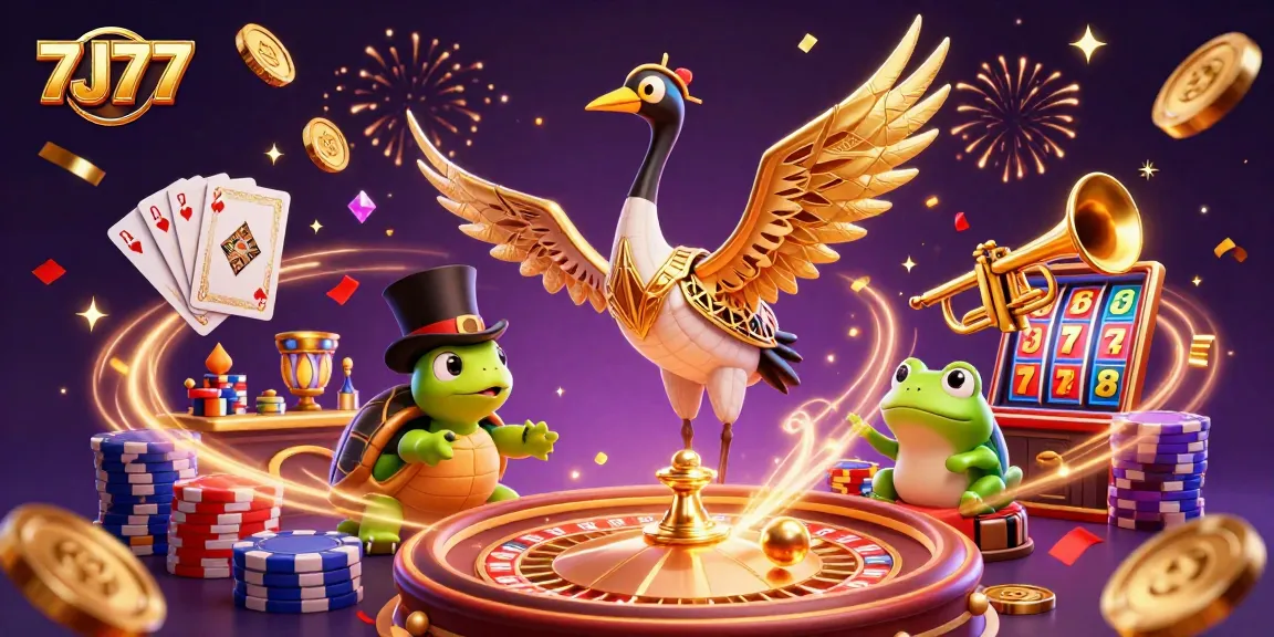 Experience excitement at 7J77 with 3D elements depicting fantastic wins, currency, and lucky gambling symbols.