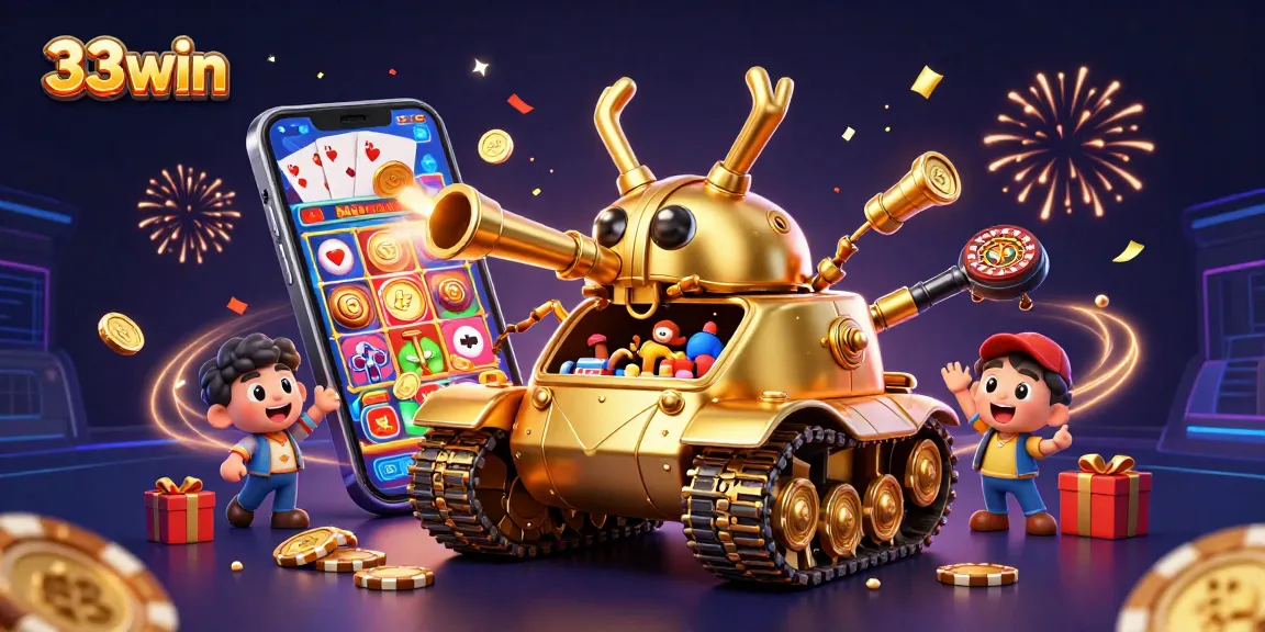 Engage with 33win's vibrant casino adventure featuring a golden beetle tank and exciting slots!