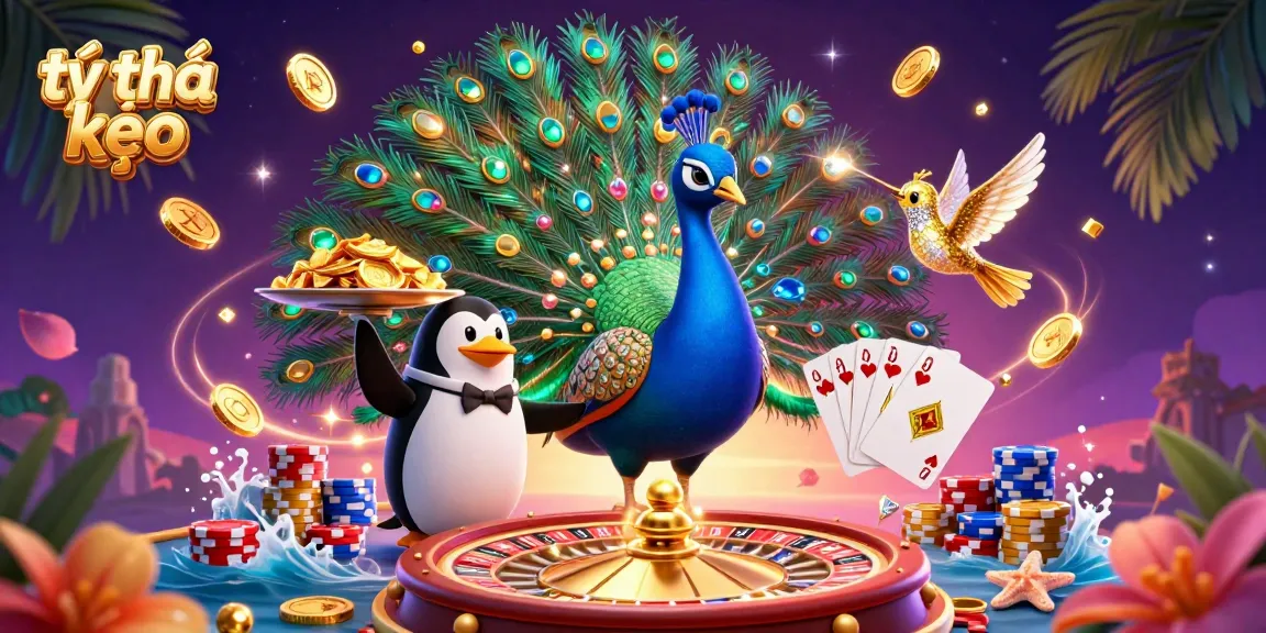 Bet on tỷ lệ kèo with vibrant characters amid cascading coins and a spinning roulette wheel.