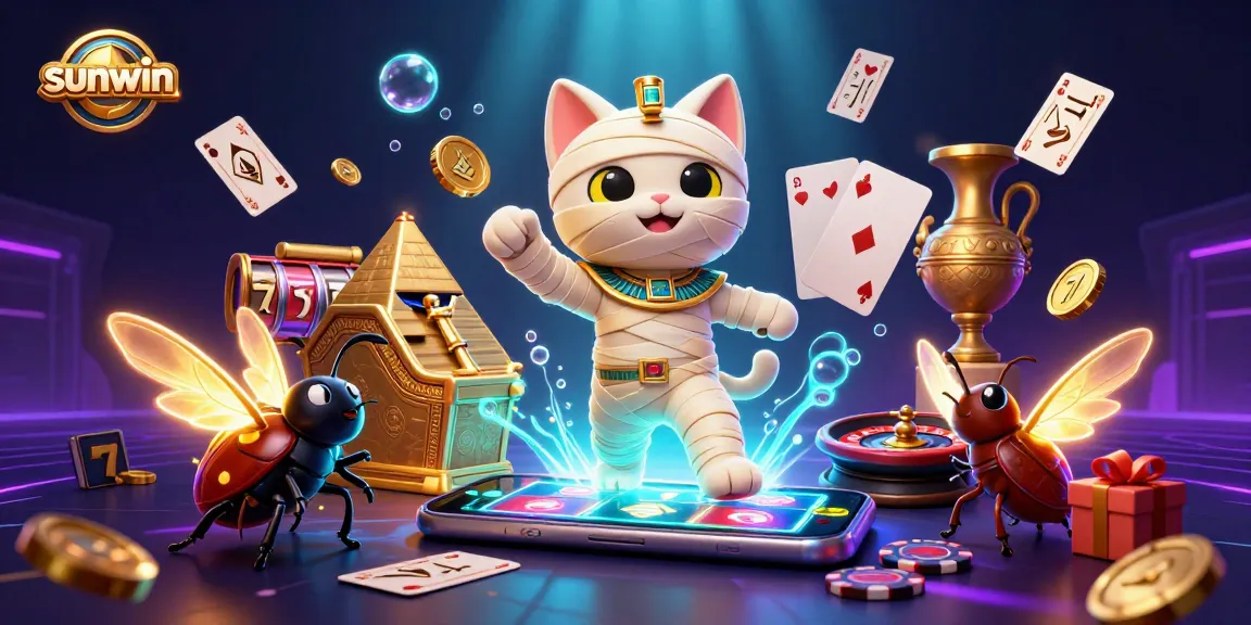 Win exciting jackpots with sunwin's mummy cat and dynamic casino games in a vibrant, 3D illustration.