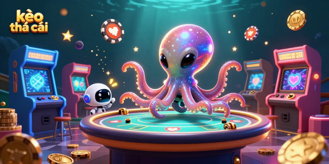 Engage with kèo nhà cái as an alien octopus operates a dynamic holographic poker table amidst vibrant cosmic casino elements.
