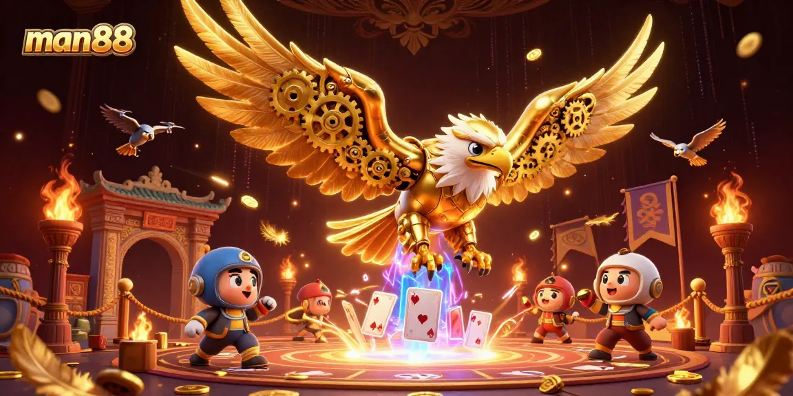 man88 showcases a dynamic 3D casino scene featuring a cybernetic golden eagle amidst playing cards and gold coins.