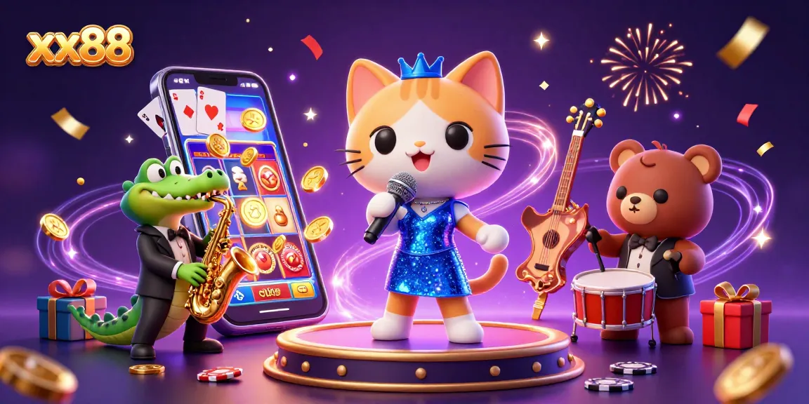 Spin and win at xx88 as a jazz-singer cat performs live amidst spinning reels and casino excitement.